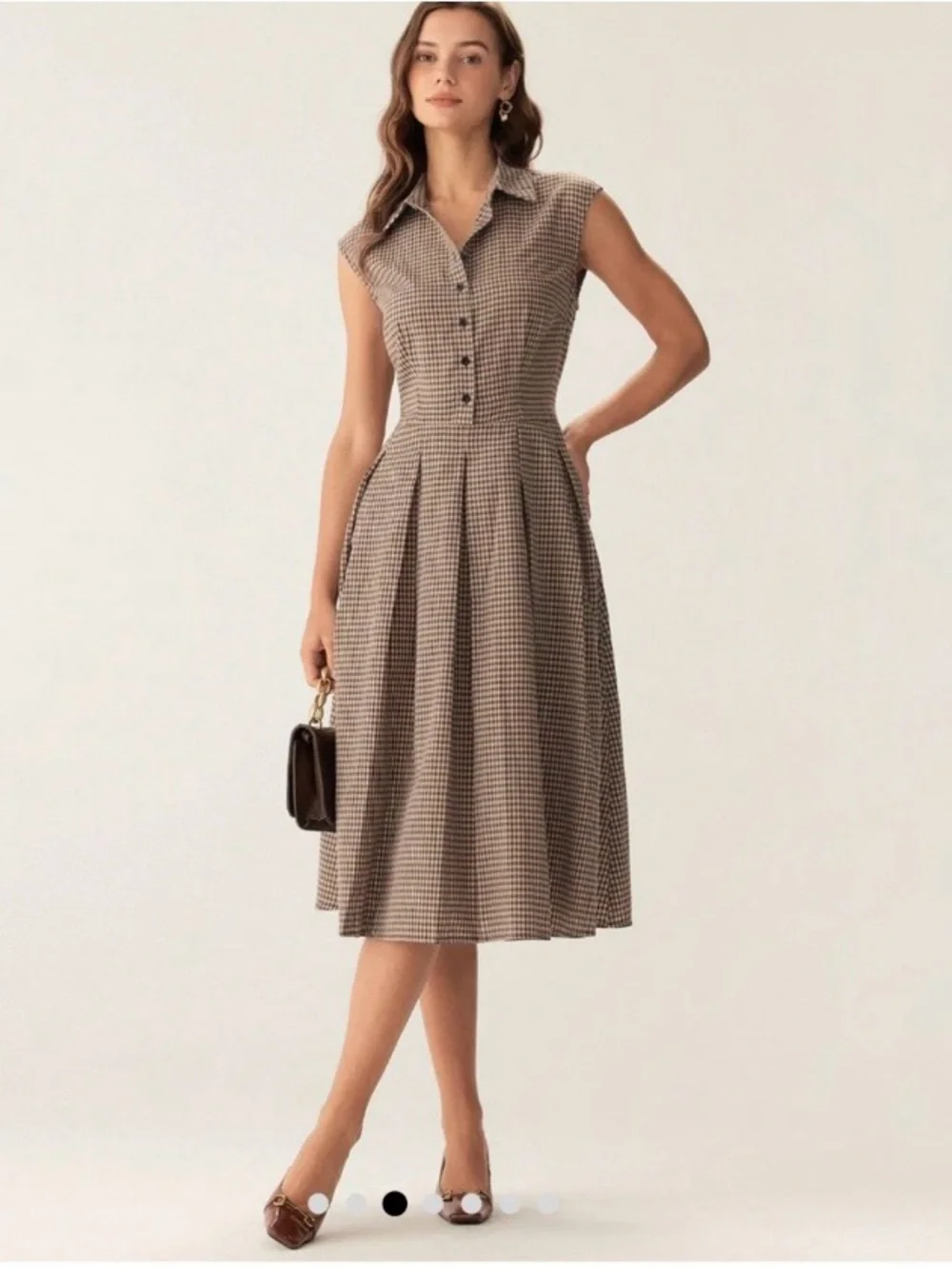 RIHOAS Brown Plaid Button Pleated Midi Dress Size S NWT Gingham Academia Vintage - Picture 3 of 8